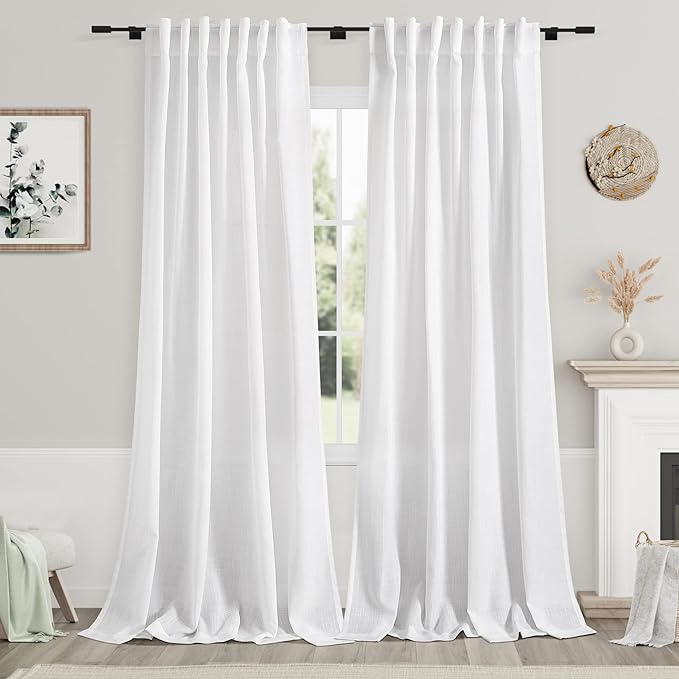 Nanspring White Linen Curtains 2 Panels Set for Living Room Extra Long Back Tab Curtains 103 Inches Long Farmhouse Semi Sheer Light Filtering Linen Drapes Ceiling to Floor for Large Window 52x103