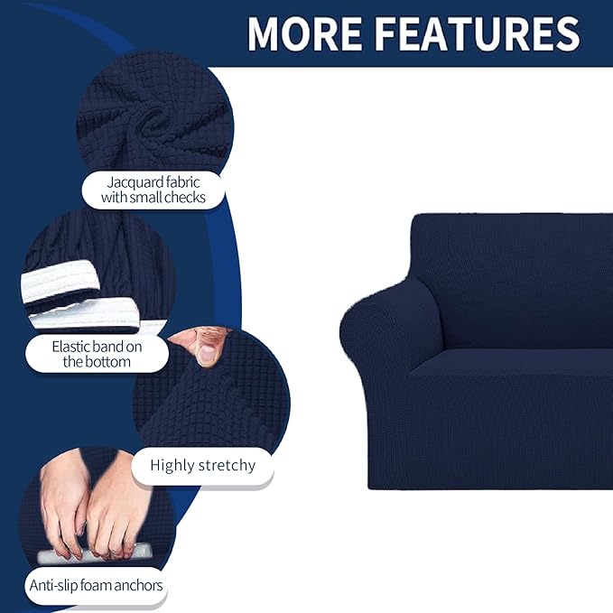 Cupuamon 2026 New Stretch Chair Sofa Slipcovers Couch Cover for 1 Seater Furniture Protector Sofa Covers with Elastic Bottom Jacquard Fabric Small Checks for Pets, Kids - Navy