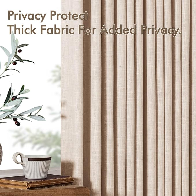 MIULEE Pinch Pleated Thick Linen Curtains 96 Inches Long 2 Panels for Living Room Bedroom, Memory Trained Pleat Drapes Light Filtering Sand Beige Semi Sheer Window Curtains Hooks Rings Back Tab