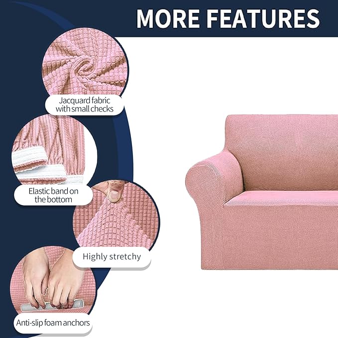 Cupuamon 2026 New Stretch Sofa Slipcovers Couch Cover for 3 Cushion Furniture Protector Sofa Covers with Elastic Bottom Jacquard Fabric Small Checks for Pets, Kids -Sofa, Dusty Pink