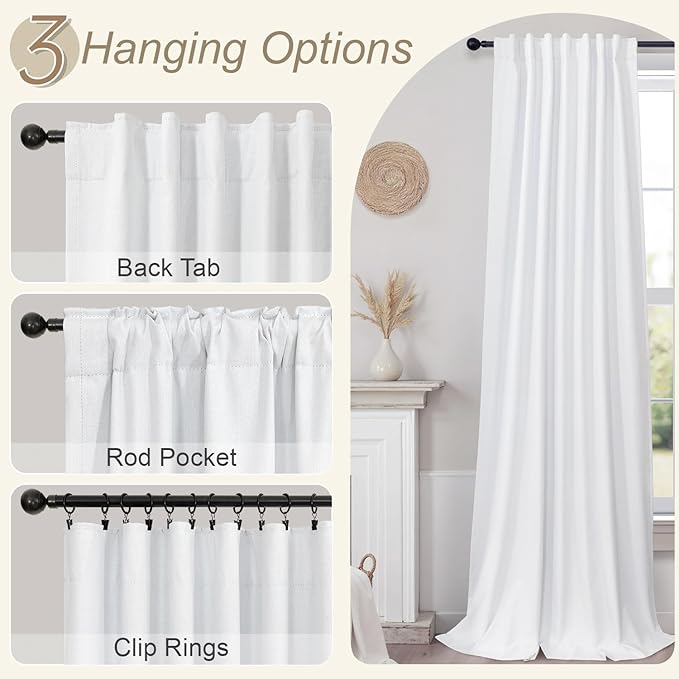 White Linen Complete Blackout Curtains 48 Inch Length for Kids Room 2 Panels Light Blocking Thermal Insulated Cold Reducing Noise Reduction Window Draperies for Bedroom Short Drapes 52 x 48 Long