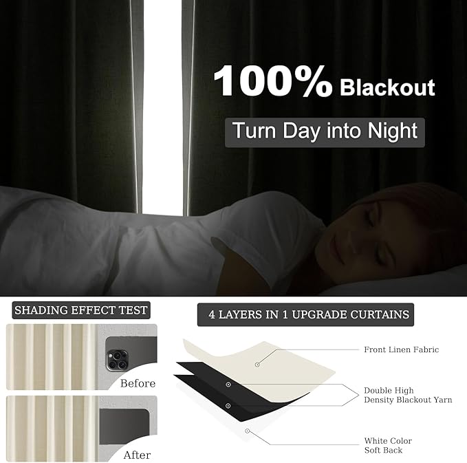 Topfinel 105 Inches Long Custom Black Out Thick Linen Drapery Panels, Cream White Pinch Pleated Heat Reflective Cottage Curtains with Pin Hooks, Luxury Lined Back Tab Drapes 2 Panels for Slider Door