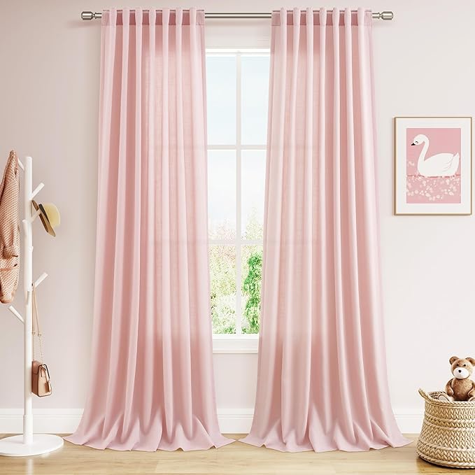 Nanspring Pink Linen Curtains 96 Inches Long 2 Panels Set for Baby Girl Bedroom Back Tab Rod Pocket Semi Sheer Light Filtering Drape for Bedroom Home Decor Protect Privacy 52x96