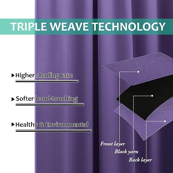 NICETOWN 100% Blackout Short Curtains with Black Liners, 2 Panels, 37" W by 60" L, Lilac Purple, Thermal Insulated Full Blackout 2-Layer Lined Drapes, Energy Efficiency Window Draperies for Bedroom