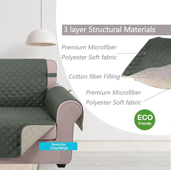 U-NICE HOME Reversible Oversized Chair Covers Quilted Water Repellent Pet Protectors with Elastic Straps(28''Armchair, Grey/Beige)
