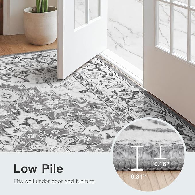 Lofus 6x9 Area Rugs for Living Room, Washable Area Rug, Rugs for Bedroom, Kitchen, Vintage Boho Carpet, Soft Non-Slip, Low Pile Large Area Rug for Office Dining Room, Floral Grey