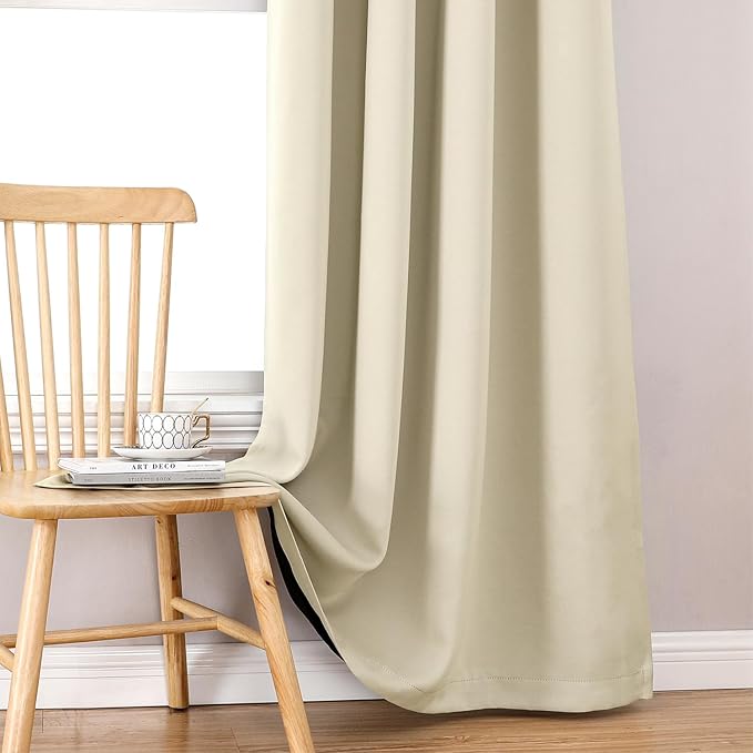 ChrisDowa 100% Blackout Curtains 72 inch Long for Bedroom with Black Liner, 2 Thick Layers Total Blackout Thermal Insulated Grommet Window Curtains 2 Panels Set (Light Beige, 52 x 72 Inch)