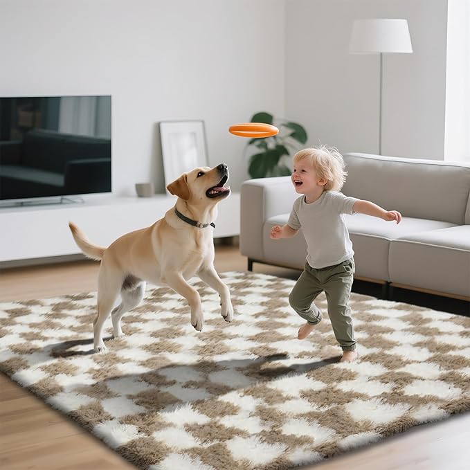 Checkered Area Rugs for Living Room 6x9, Fluffy Beige and White Checkered Rug Fuzzy Shag Shaggy Carpets for Bedroom, Soft Plush Furry Rug for Boy Girls Room Dorm Home Decor