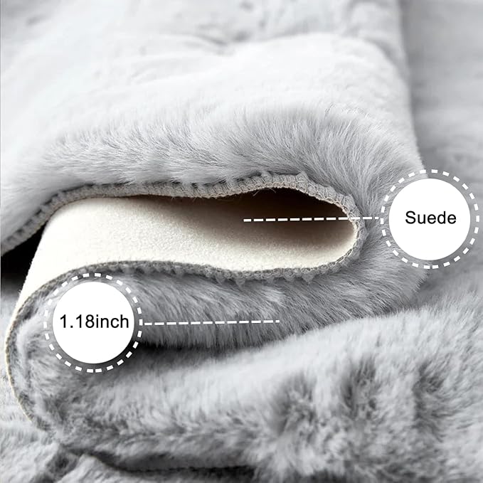 Ghouse Ultra Soft Faux Rabbit Fur Rug 2x3, Machine Washable Area Rugs for Bedroom Fluffy Rugs for Living Room, no-Shedding Carpet Sheepskin Rug Grey
