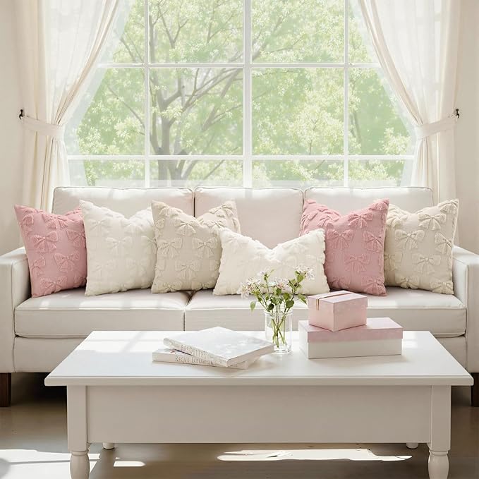 decorUhome Cream White Bow Pillow Covers Set of 2 Coquette Aesthetic Cute Preppy Plush Faux Pillowcases for Girly Bedroom or Couch 20x20 Inch