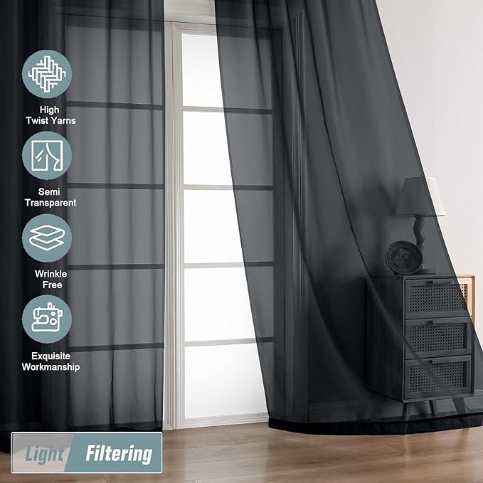 Halloween Black Sheer Curtains for Window 96 Inches Long 2 Panels Set, Soft Airy Light Filtering Voile Sheer Curtains for Living Room Bedroom, Dual Rod Pocket Window Drapes, 2x42Wx96L Inches