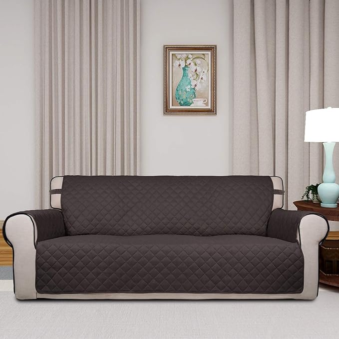 PureFit Reversible Quilted Sofa Cover, Water Resistant Slipcover Furniture Protector, Washable Couch Cover with Non Slip Foam and Elastic Straps for Kids, Pets (X Large, Chocolate/Chocolate)