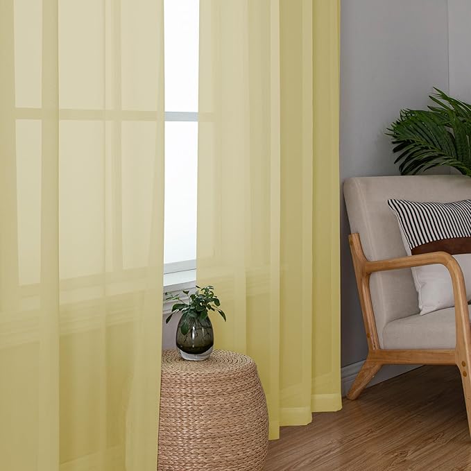 Chyhomenyc Mustard Yellow Sheer Curtains 54 Inches Long, Light Filtering Window Sheer Curtain Panel Drapes, Elegant Rod Pocket Soft Voile for Bedroom Living Room, Each 42Wx54L Inches, 2 Panels