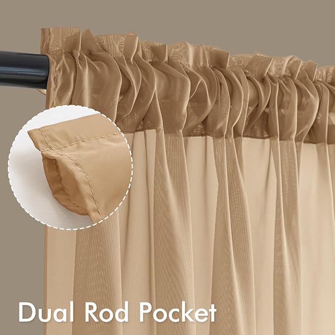 MIULEE Brown Sheer Curtains 96 Inches Long, 4 Panels Set, Rod Pocket Voile Drapes Light Filtering and Semi Transparent, Elegant Window Treatments for Bedroom Living Room,42 x 96 Inches