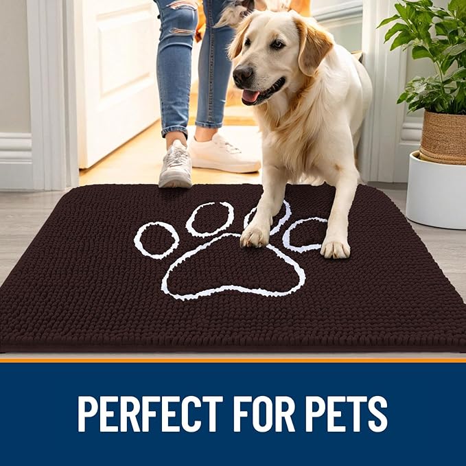 OLANLY Dog Door Mat for Muddy Paws 47x17, Paw Print Design, Absorbs Moisture and Dirt, Absorbent Non-Slip Washable Doormat, Quick Dry Chenille Mud Mat for Dogs, Entry Indoor Entryway Carpet, Brown