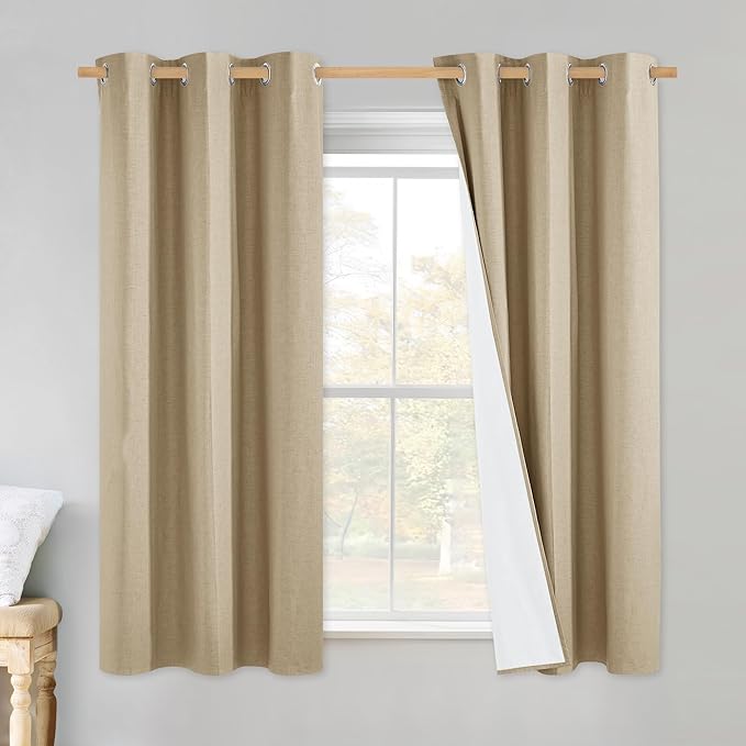 NICETOWN 100% Absolutely Blackout Linen Curtains with Thermal Insulated White Liner, Camel, 34" Wide by 60" Long, 2 Pieces, Linen Blend Window Drapes Privacy Window Treatments for Bedroom/Kids Room