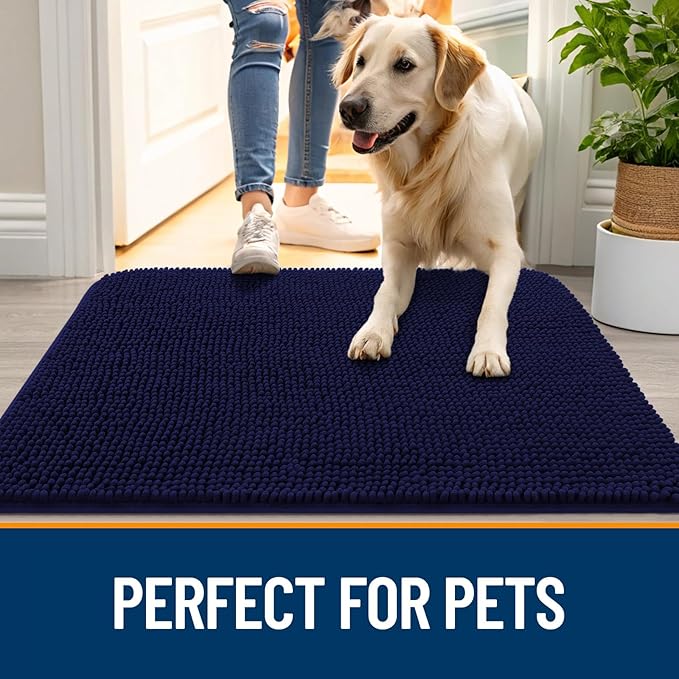 OLANLY Dog Door Mat for Muddy Paws 47x17, Absorbs Moisture and Dirt, Absorbent Non-Slip Washable Doormat, Quick Dry Chenille Mud Mat for Dogs, Entry Indoor Entryway Carpet for Inside Floor, Navy Blue