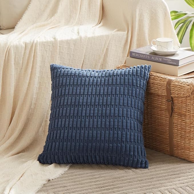 Fancy Homi 4 Packs Dusty Blue Decorative Throw Pillow Covers 22x22 Inch for Living Room Couch Bed Sofa, Rustic Farmhouse Boho Home Decor, Soft Plush Striped Corduroy Square Cushion Case 55x55 cm
