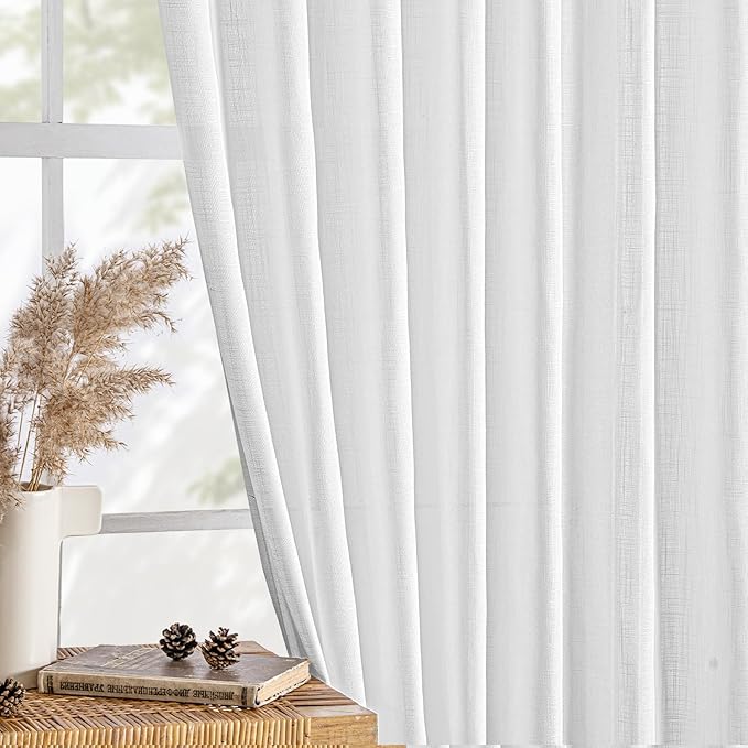 MIULEE White Linen Curtains 90 Inch Long 2 Panels for Bedroom Living Room, Soft Thick Linen Textured Back Tab Window Drapes Semi Sheer Light Filtering Rod Pocket Modern Farmhouse Decor