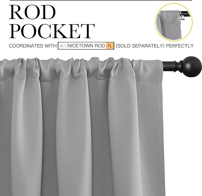 NICETOWN Blackout Curtains Panels for Window - Thermal Insulated Rod Pocket Blackout Drapes/Draperies for Living Room (2 Panels, W42 x L63 inches, Silver Grey)