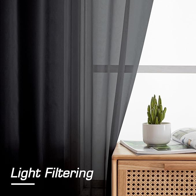 OWENIE Black Sheer Curtains, Sheer Curtains 78 inch Length 2 Panels Set, Rod Pocket Voile Fimly Sheer Drapes for Living Room/Bedroom, 2pcs, Each 42" W x 78" L, Black