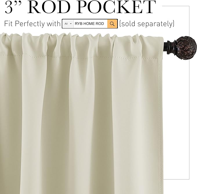 RYB HOME Blackout Curtains for Bedroom - Small Window Treatment Panels Full Privacy Thermal Insultaed Solar Drapes for Bathroom Dining Basement, Wide 42 x Long 45, Beige, 2 Pcs