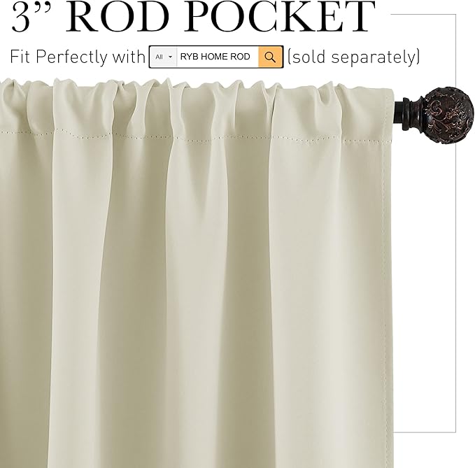 RYB HOME Short Curtains for Small Window, Sunmmer Heat Light Blocking Privacy Protection Curtains for Sunroom Laundry Room Stair Window, Width 52 by Length 36, Beige, Set of 2