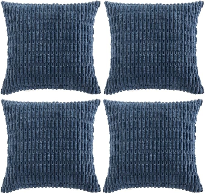 Fancy Homi 4 Packs Dusty Blue Decorative Throw Pillow Covers 14x14 Inch for Living Room Couch Bed Sofa, Rustic Farmhouse Boho Home Decor, Soft Plush Striped Corduroy Square Cushion Case 35x35 cm