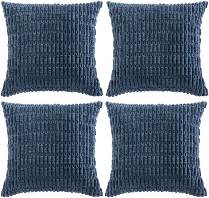 Fancy Homi 4 Packs Dusty Blue Decorative Throw Pillow Covers 20x20 Inch for Living Room Couch Bed Sofa, Rustic Farmhouse Boho Home Decor, Soft Plush Striped Corduroy Square Cushion Case 50x50 cm