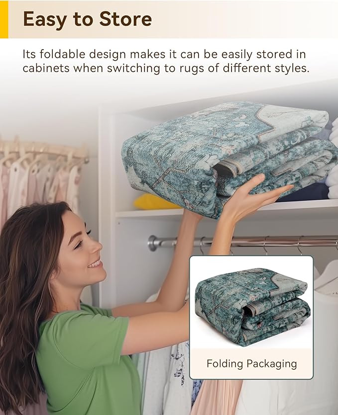 RELEANY Area Rugs Square 4ft Washable Non-Slip, Floral Vintage Distress Print Pattern Medallion Carpet for Living Room Bedroom Dining Room, Dark Blue Vintage