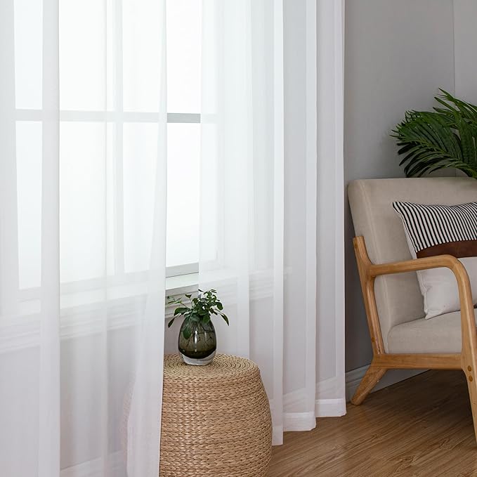 Simplebrand White Sheer Curtains 84 Inches Long, Light Filtering Rod Pocket Solid Color Window Sheer Curtain Panels, Elegant Curtains & Drapes for Living Room, Bedroom 2 Panels (White, 59" W x 84" L)