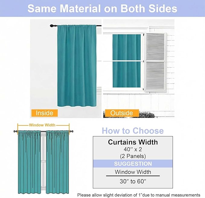 Simplebrand Ava Teal Short 36 Inches Blackout Curtain 2 Panels Set, Half Window Rod Pocket Privacy Curtain Tiers for Kitchen, Curtains Blackout for Bathroom Shades, W40 x L36 Inch, Teal