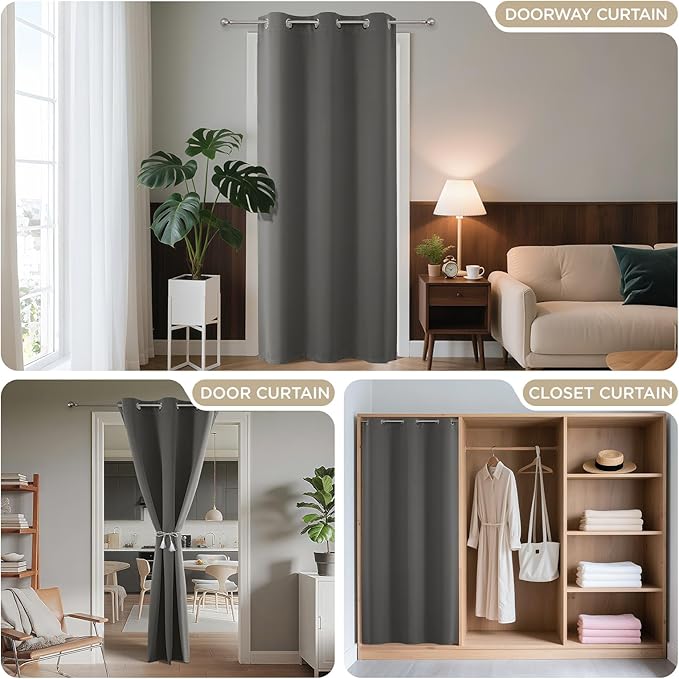 Joydeco Blackout Door Curtain for Doorway Privacy 96 Inches Long, Grommet Closet Curtain for Open Closet, Room Divider for Bedroom Living Room (Light Grey, 52Wx96L, 1 Panel)
