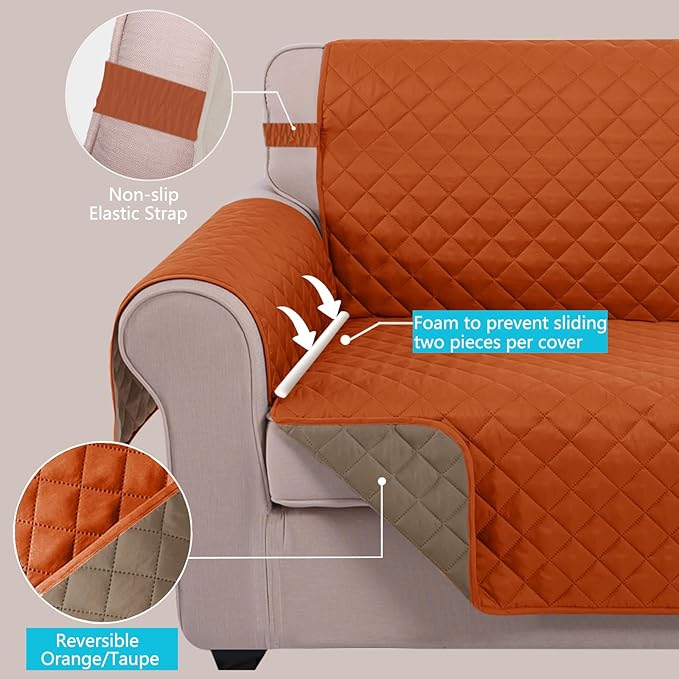 U-NICE HOME Recliner Chair Covers Reversible Chair Cover Pet Covers for Dogs with Elastic Straps Water Resistant Diamond Quilted (23''Armchair, Orange/Taupe)