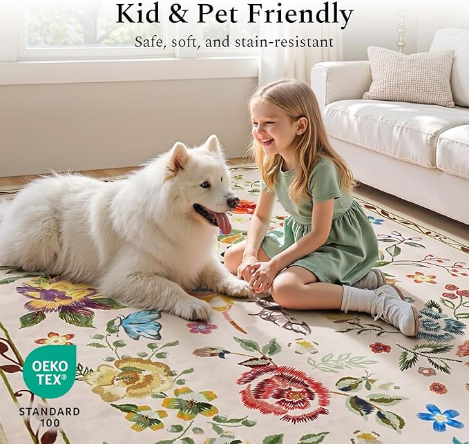 Rugflix 5x7 Washable Area Rug for Living Room, Soft Non Slip Low Pile Carpet, Floral Vintage Stain Resistant Rugs for Bedroom, Dining Room, Home Office, Beige