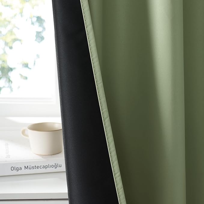 RYB HOME 100% Blackout Short Curtains for Small Window, Thermal Insulated Total Room Darkening Noise Reducing Curtains for Kitchen Bathroom Basement, 42 inches Wide by 45 inches Long, Sage Green