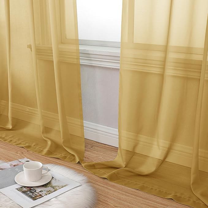 Aiyufeng Gold Sheer Curtains 72 Inch Length 2 Panels Set, Light Filtering Gold Window Curtain Drapes Treatment for Kitchen, Bedroom,Children Room, Dual Rod Pocket, 2 Pack of 42 x 72"