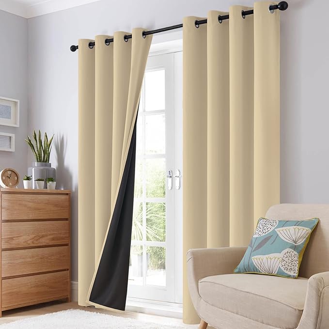 SimpleHome 100% Blackout Curtains for Bedroom,Thermal Insulated Grommet Window Drapes Room Darkening Beige Curtains for Living Room with Black Back,52 x 96 Inch,2 Panels