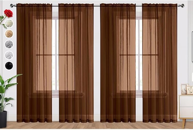 SpaceDresser Brown Sheer Curtains 4 Panels Rod Pocket Semi-Sheer Curtain 63 Inches Long Light Filtering Voile Window Drapes for Bedroom Living Room Kitchen, Each 52W x 63L