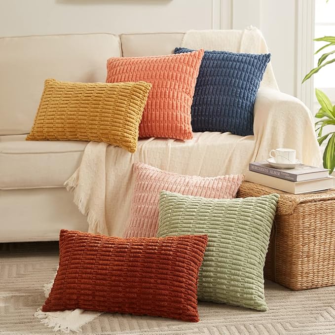 Fancy Homi 4 Packs Dusty Blue Decorative Throw Pillow Covers 20x20 Inch for Living Room Couch Bed Sofa, Rustic Farmhouse Boho Home Decor, Soft Plush Striped Corduroy Square Cushion Case 50x50 cm