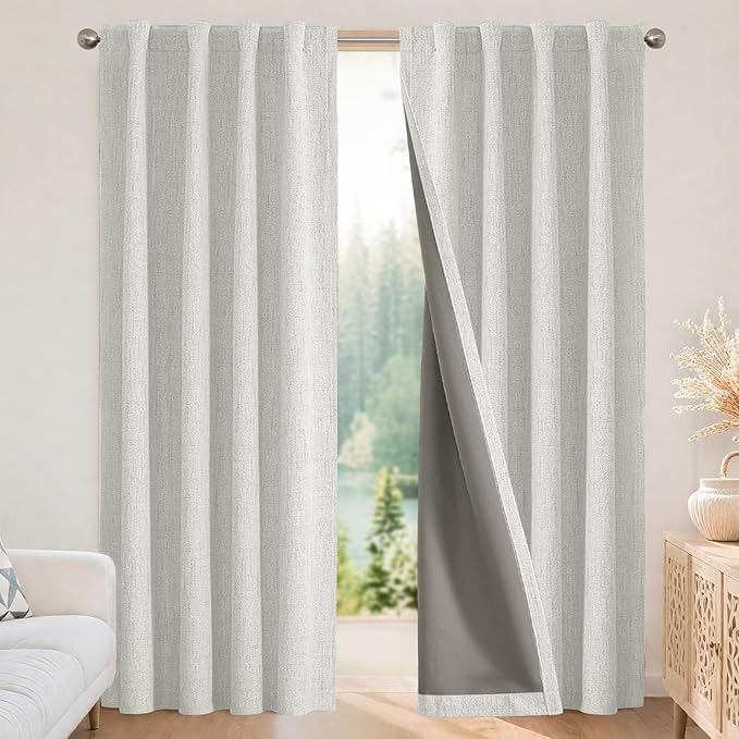 Joydeco Blackout Curtains for Bedroom - 100% Light Blocking 2 Panels Set White Drapes 66" W x 96" L, Thermal Insulated Room Darkening Curtains, Linen Textured for Living Room, Rod Pocket & Back Tabs