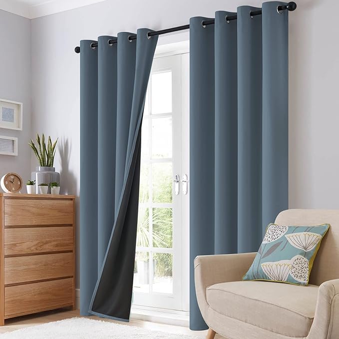 SimpleHome 100% Blackout Curtains for Bedroom,Thermal Insulated Stone Blue Grommet Window Drapes Room Darkening Curtains for Living Room with Black Back,52 x 72 Inch,2 Panels