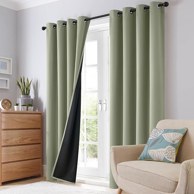 SimpleHome 100% Blackout Curtains for Bedroom,Thermal Insulated Light Sage Grommet Window Drapes Room Darkening Curtains for Living Room with Black Back,52 x 72 Inch,2 Panels
