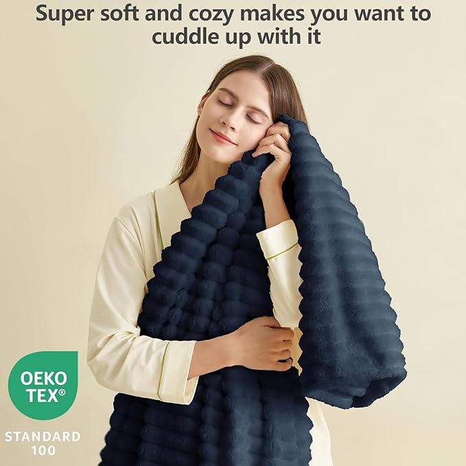 HIMEET Navy Blue Ribbed Queen Size Blanket for Bed - 300GSM Lightweight Fleece Blanket for Men Women, Large Sofa Couch Cover Bed Blankets Gifts, Striped Spring Home Room Decor, Navy Blue, 90x90 Inches