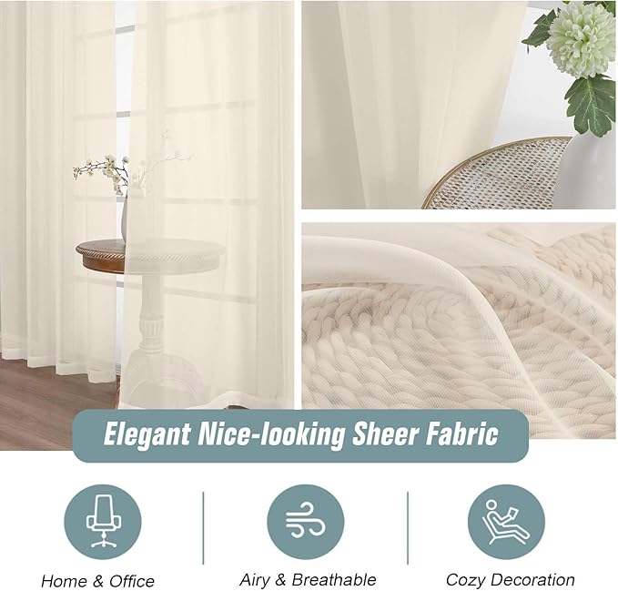 Cream Window Sheer Curtains 45 Inches Length, Voile Short Curtains for Living Room Bedroom, Modern Soft Window Drapes 2 Panels Set, Top Dual Rod Pocket Design, 2x42Wx45L Inches