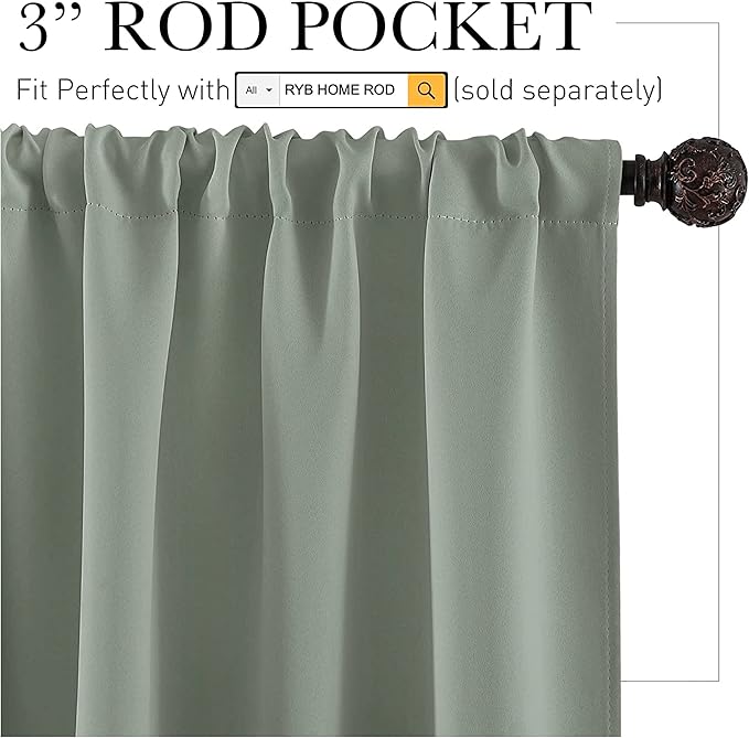 RYB HOME Short Blackout Curtains for Small Window, Sunmmer Heat Light Blocking Privacy Protection Curtains for Sunroom Laundry Room Stair Window, Width 52 by Length 36, Greyish Green, Set of 2