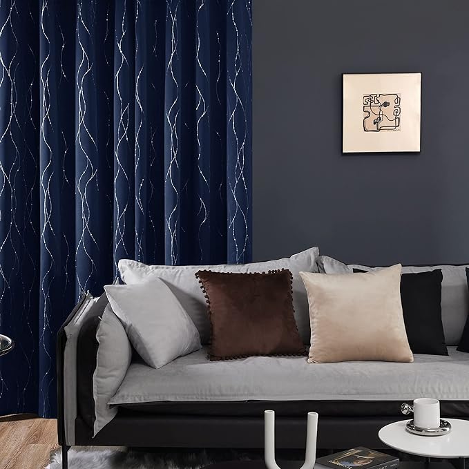 Deconovo Navy Blue Curtains, Blackout Curtain for Bedroom, 38 x 72 Inch, Thermal Insulated Soundproof Privacy Drapes with Silver Wave Dots Pattern, Grommet Top, Machine Washable Panel for Living Room