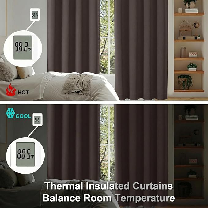 Simplebrand Ava Chocolate Short Blackout Curtains for Bedroom 54 Inches Long 2 Panels Set, Solid Thermal Insulated, Energy Saving Window Treatment Curtains Blackout Drapes, W40 x L54 Inch, Chocolate