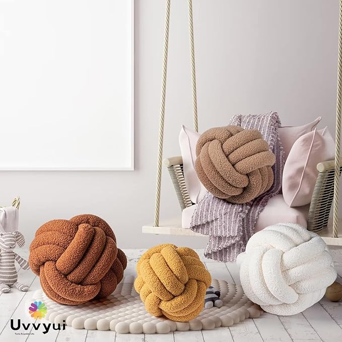 Uvvyui Knot Pillow Ball, Soft Home Decorative Pillows, Round Throw Pillow, Handmade Knotted Plush Pillow, Round Boucle Pillow Cushion (14 Inches Ivory)