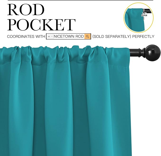 NICETOWN 2 Panels Blackout Curtains, Rod Pocket Window Curtains Room Darkning Drapes for Bedroom/Living Room, Thermal Insulated Solid Draperies for Home Office/Study, 62 by 72-Inch, Peacock Blue